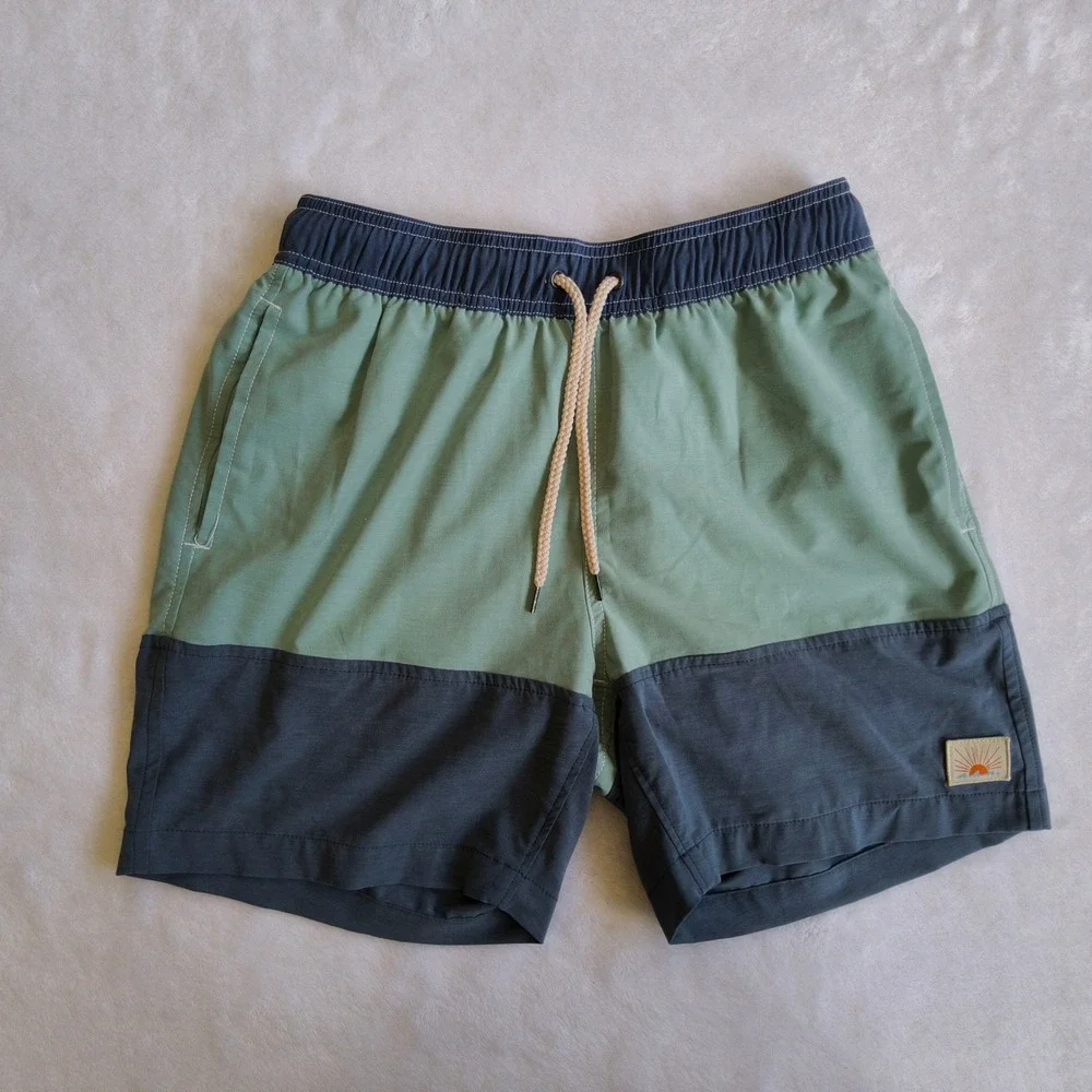 Faherty Beacon Swim Trunks Board Shorts Mens Small Green Blue Colorblock Lined